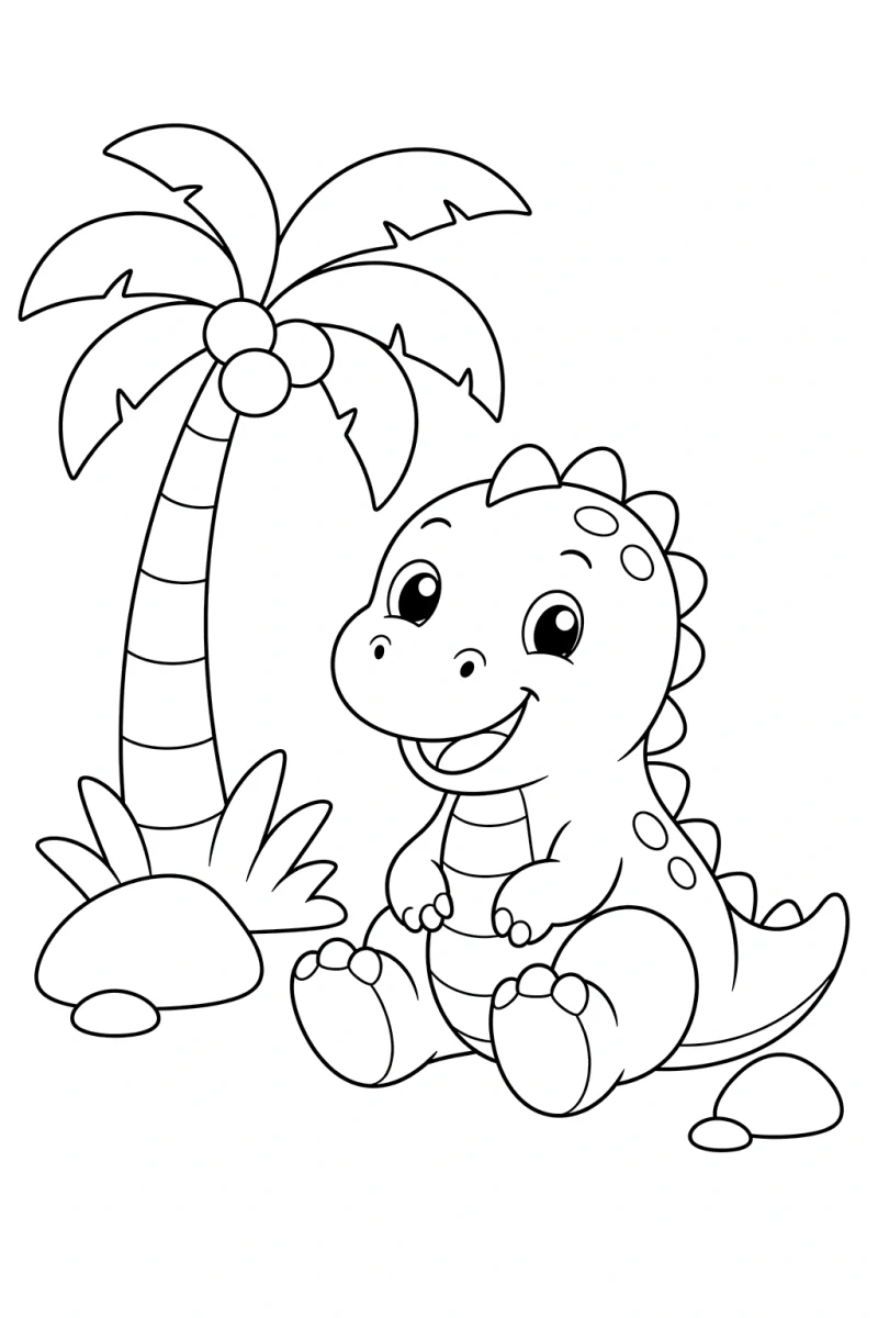 Dinosaur with Palm Tree Coloring Page for Kids