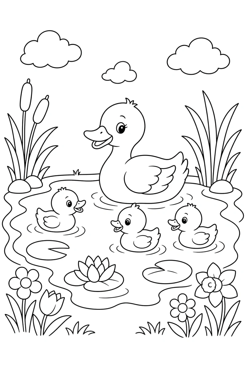 Coloriage de printemps étang aux canards pour enfants - scène d’étang gratuite à imprimer