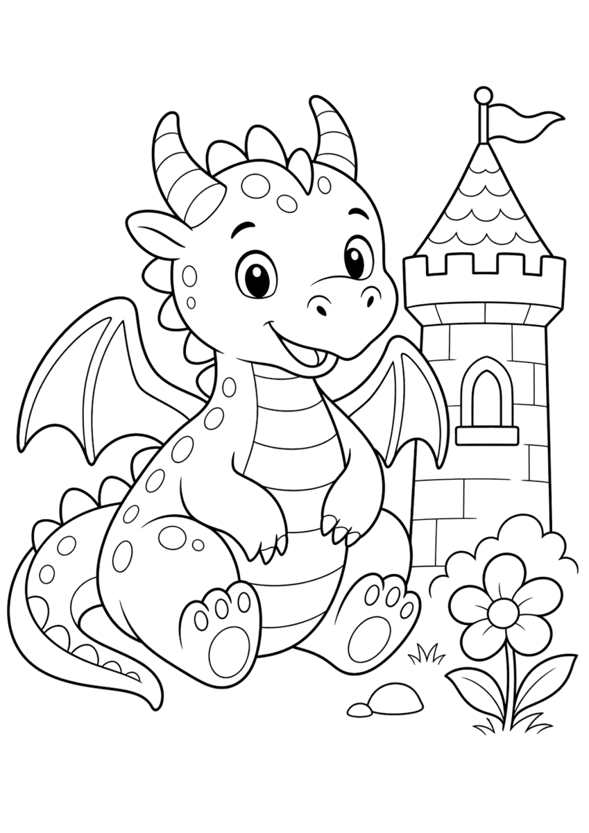 castle dragon coloring page for kids, free printable fairy tale coloring page