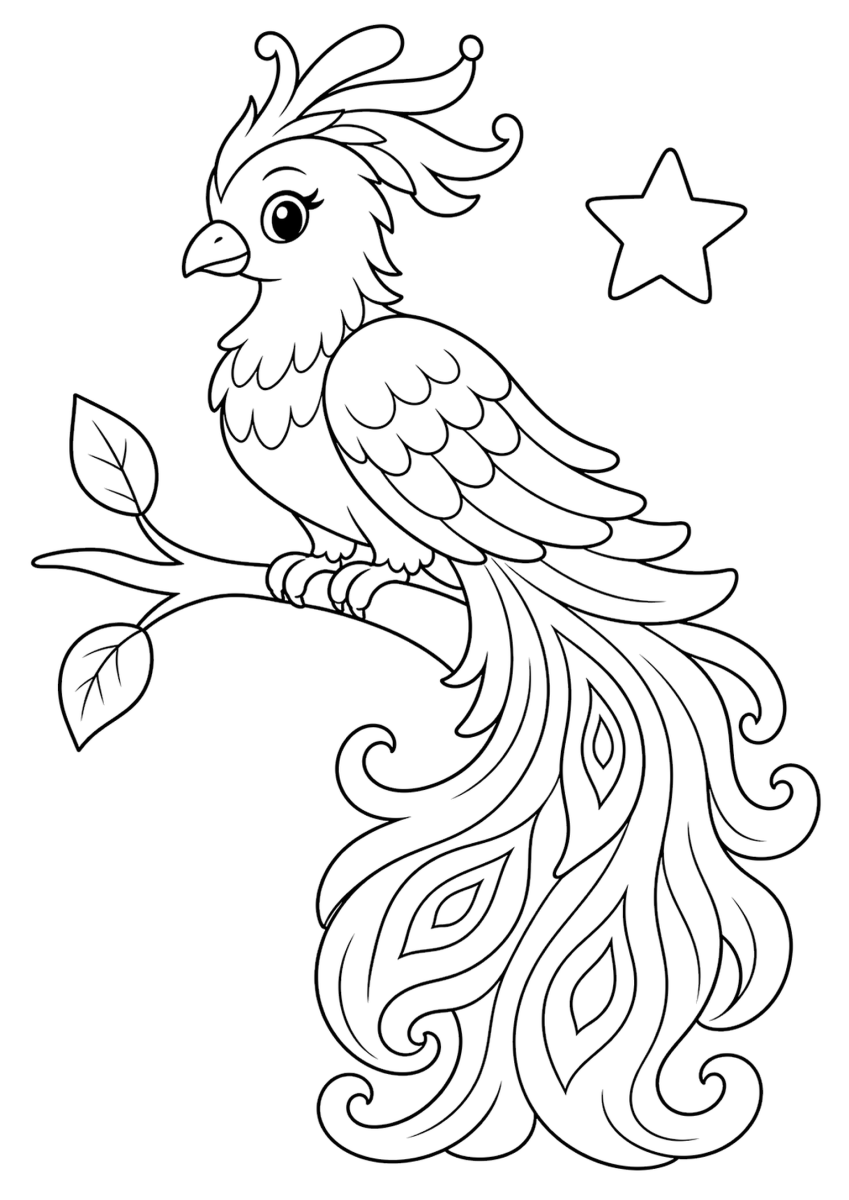 firebird coloring page for kids, free printable fairy tale coloring page
