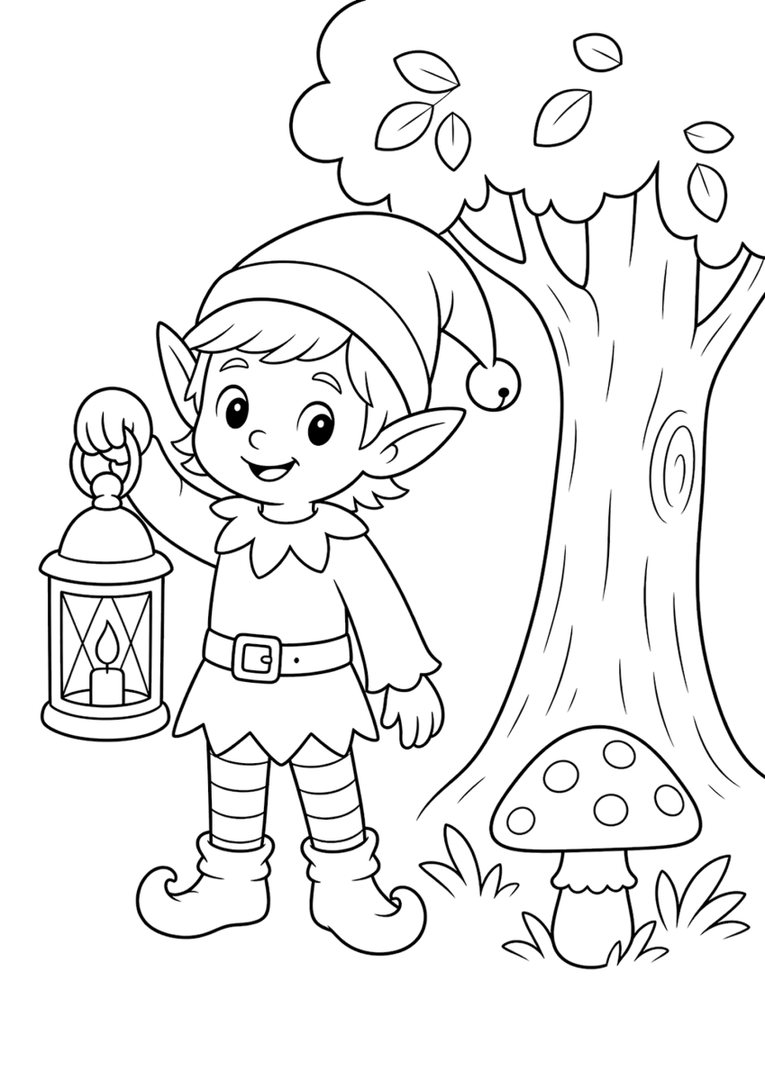 forest elf coloring page for kids, free printable fairy tale coloring page