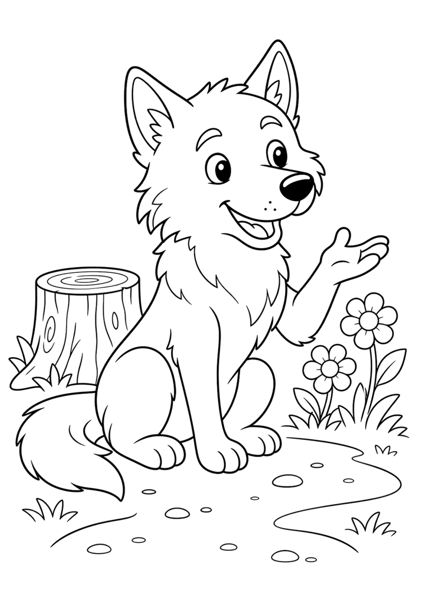 talking wolf coloring page for kids, free printable fairy tale coloring page