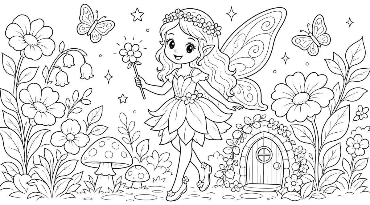 Coloriage de fée avec des fleurs pour enfants