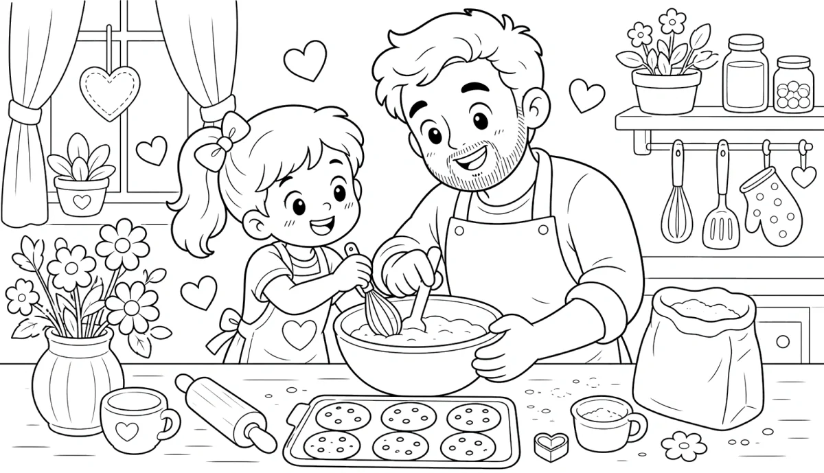 Father and Daughter Baking Coloring Page for Father’s Day for kids