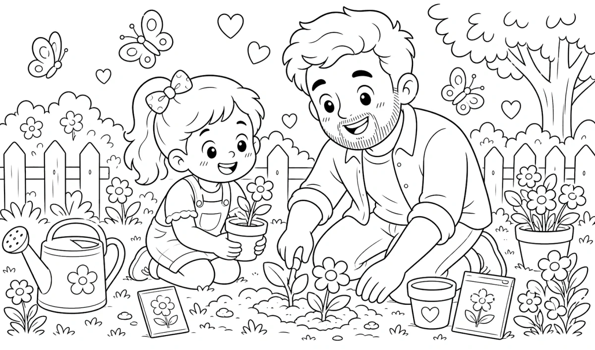 Father and Daughter Gardening Coloring Page for Father’s Day for kids