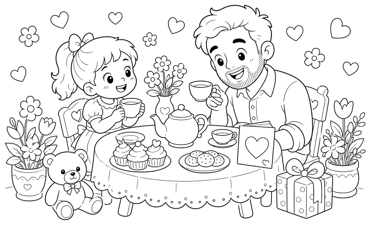 Father and Daughter Tea Party Coloring Page for Father’s Day for kids