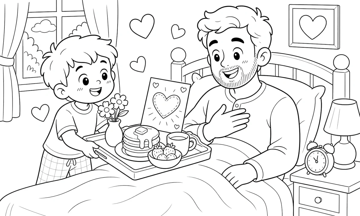 Father’s Day Breakfast in Bed Coloring Page for Kids for kids