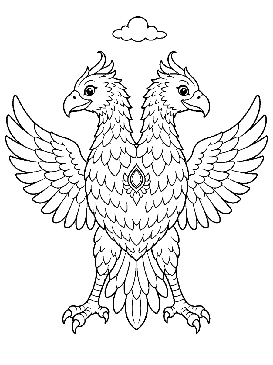 Gandaberunda two-headed bird coloring page with open wings for kids