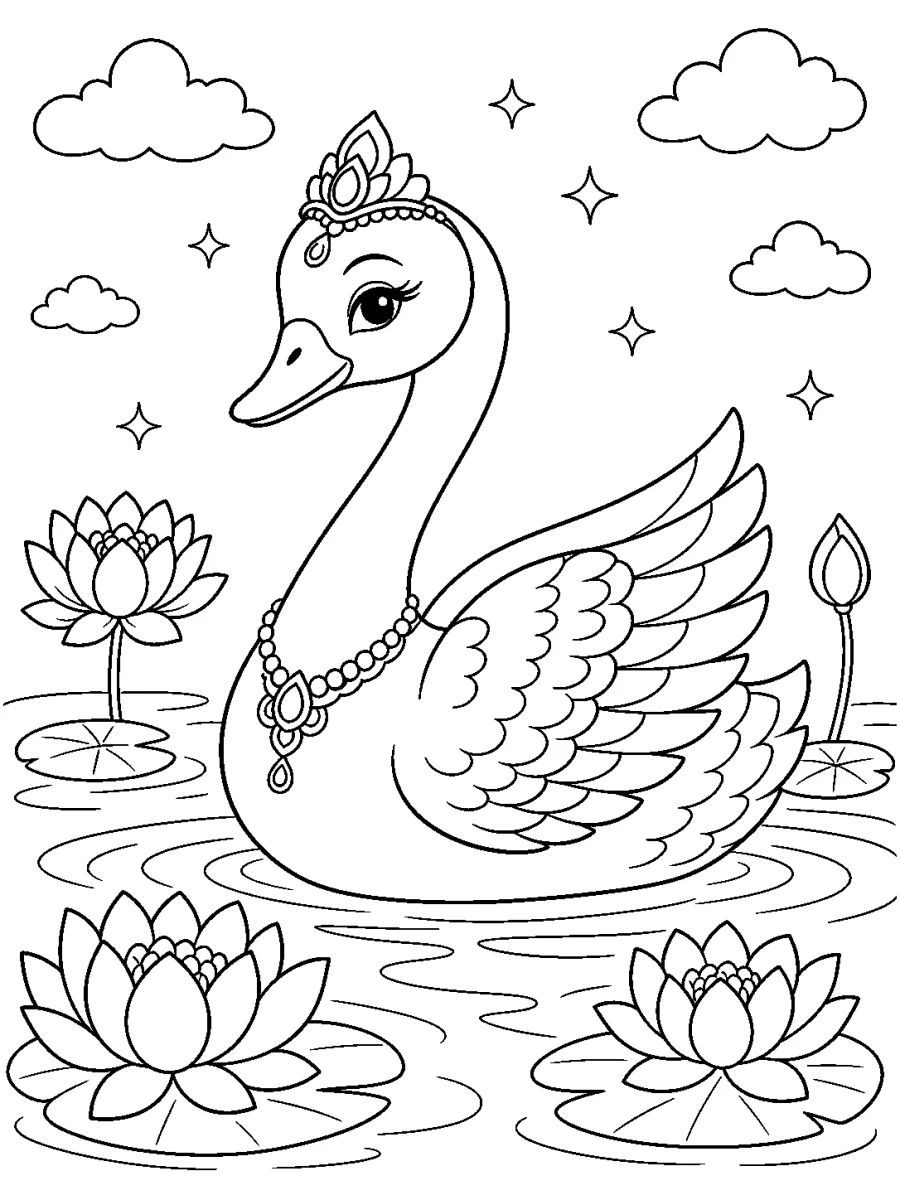 Disegno di Hamsa cigno sacro su uno stagno di loto per bambini
