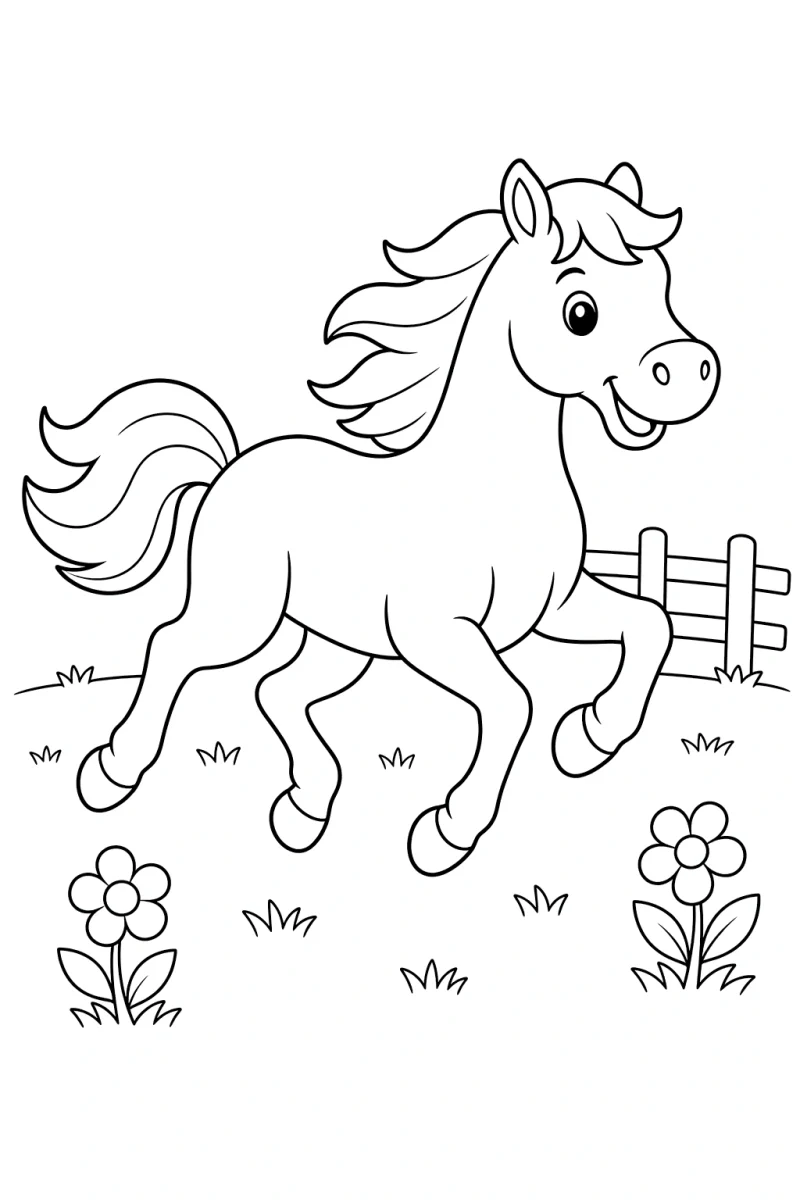 Coloriage pour enfants d'un cheval qui court dans un champ, avec de l'herbe et une clôture