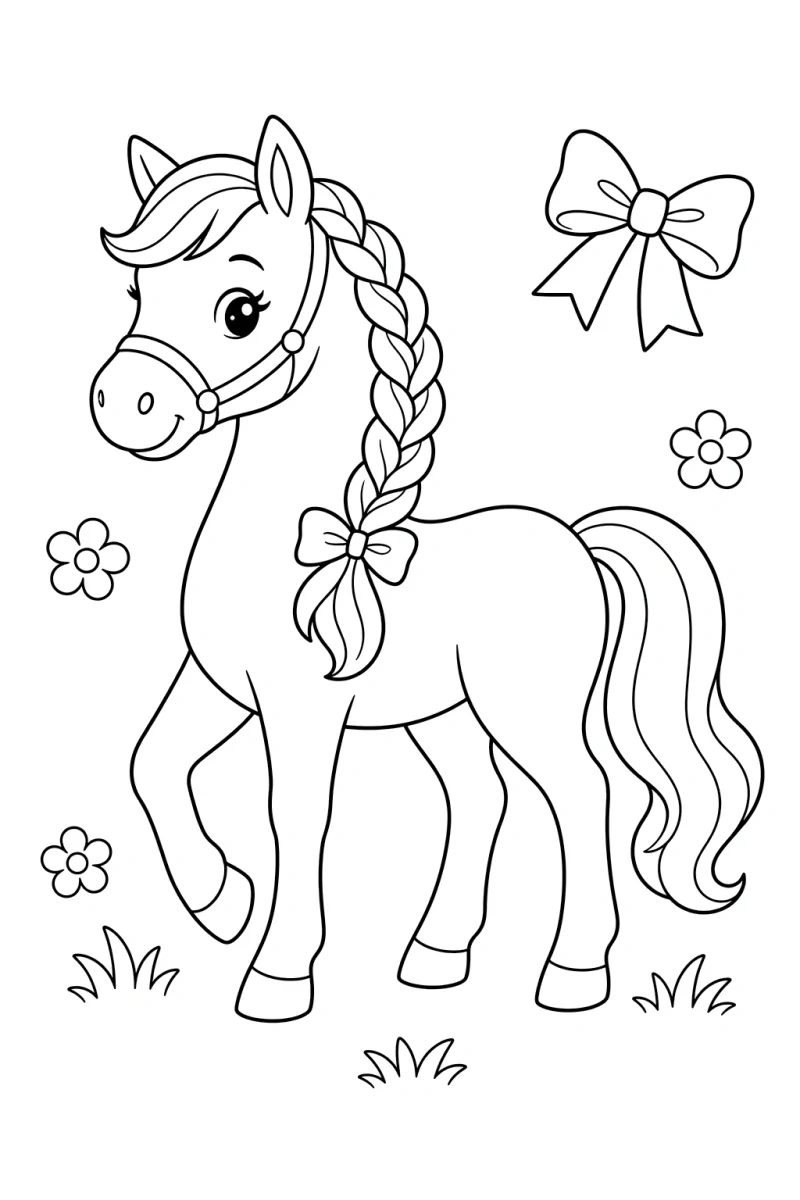 Coloriage de cheval à crinière tressée pour enfants avec de jolis détails de crinière
