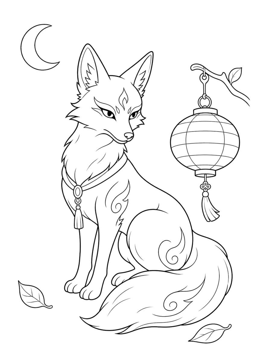 Huli Jing Fox Spirit coloring page for kids, fairy tale creature