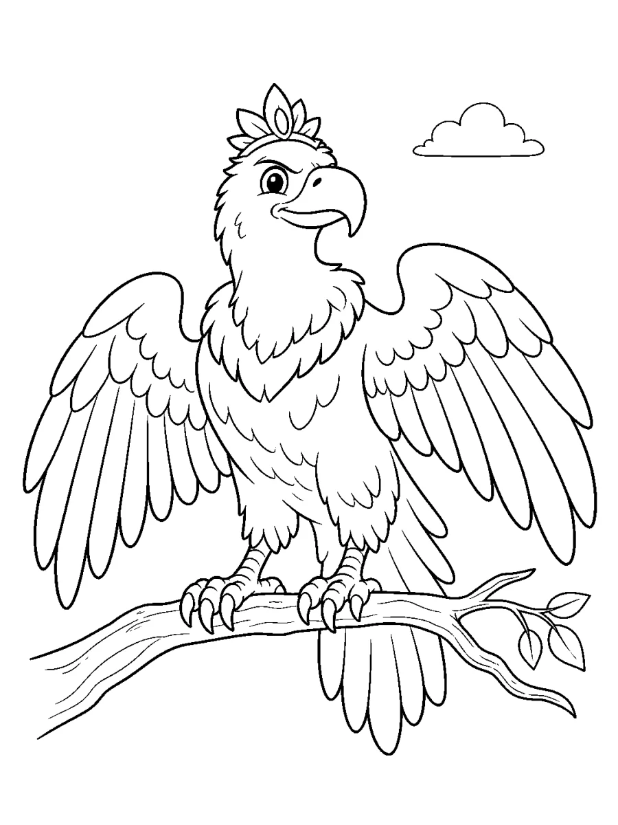 Jatayu hero bird coloring page with open wings on a branch for kids