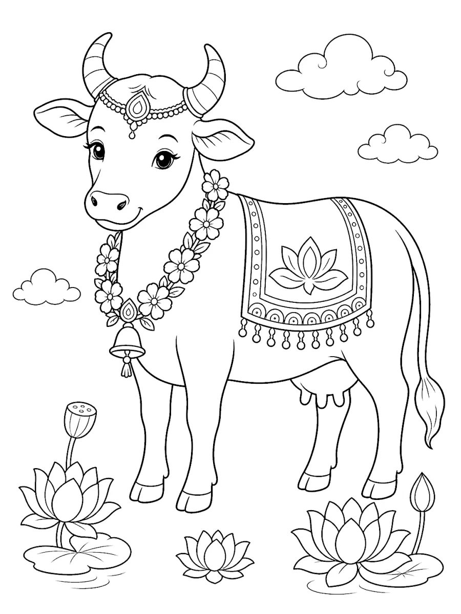Dibujo de Kamadhenu, vaca que concede deseos, con flores de loto para niños