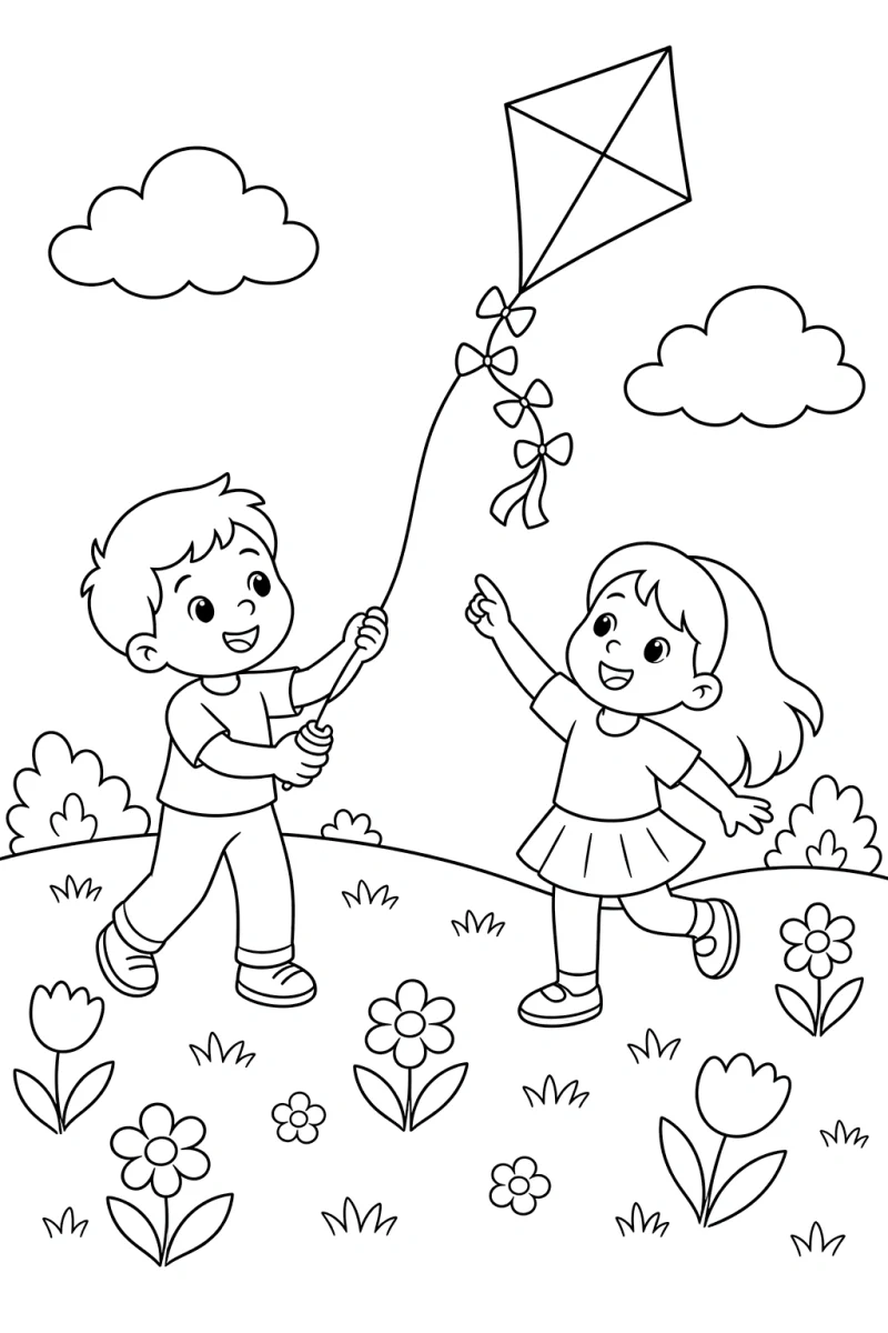 Kids Flying a Kite in Spring Meadow Coloring Page - Free Printable Outdoor Scene