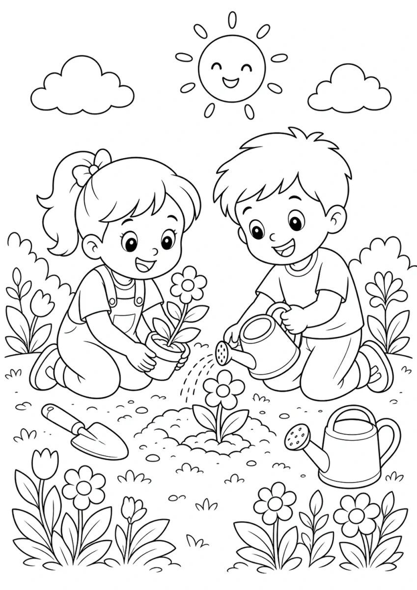 kids planting flowers coloring page for kids, free printable Children's Day activity