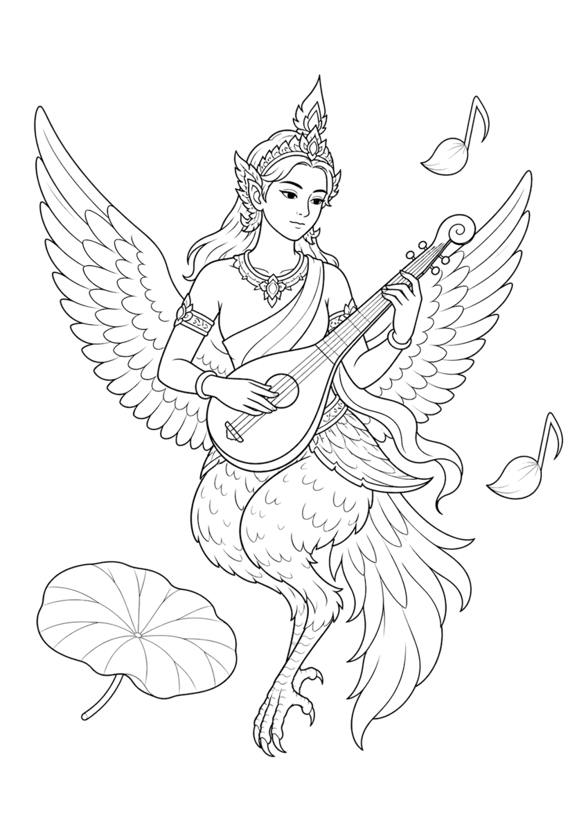 Musicista Kinnara da colorare per bambini - gratis da stampare