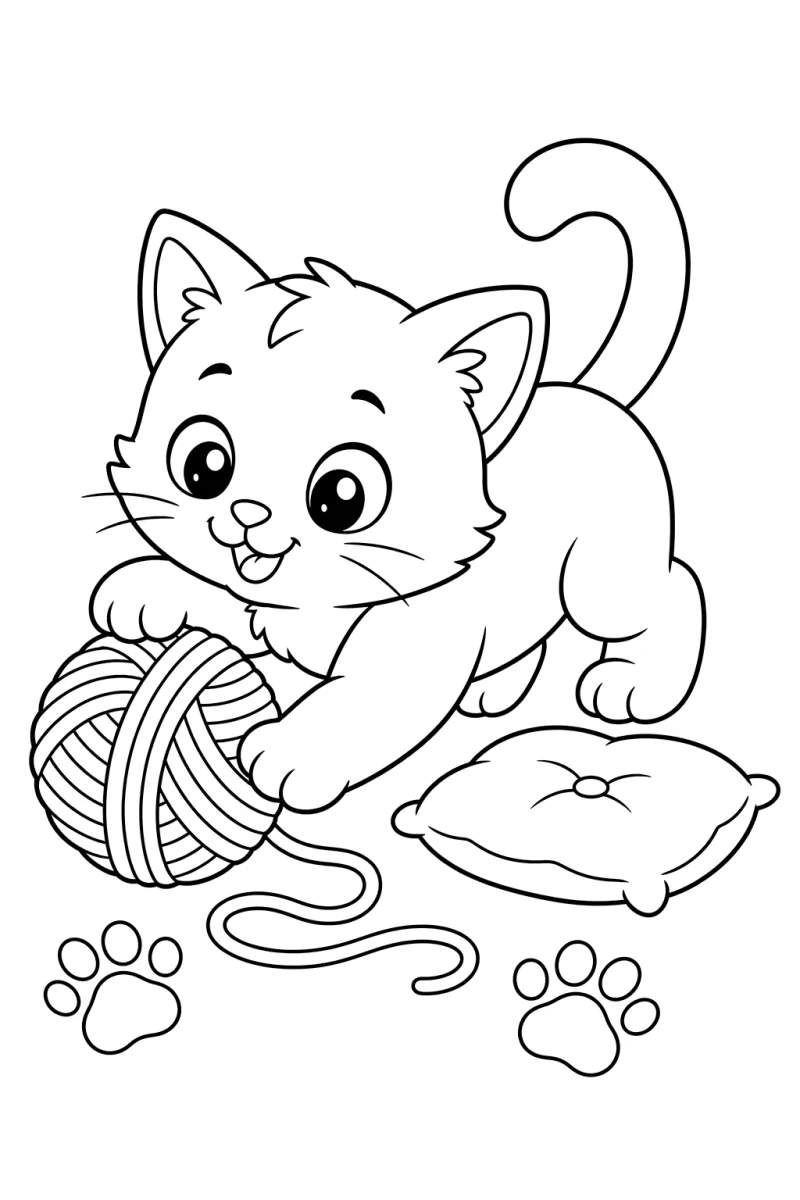 Kitten with Yarn Coloring Page for Kids - Free Printable Cute Cat Picture