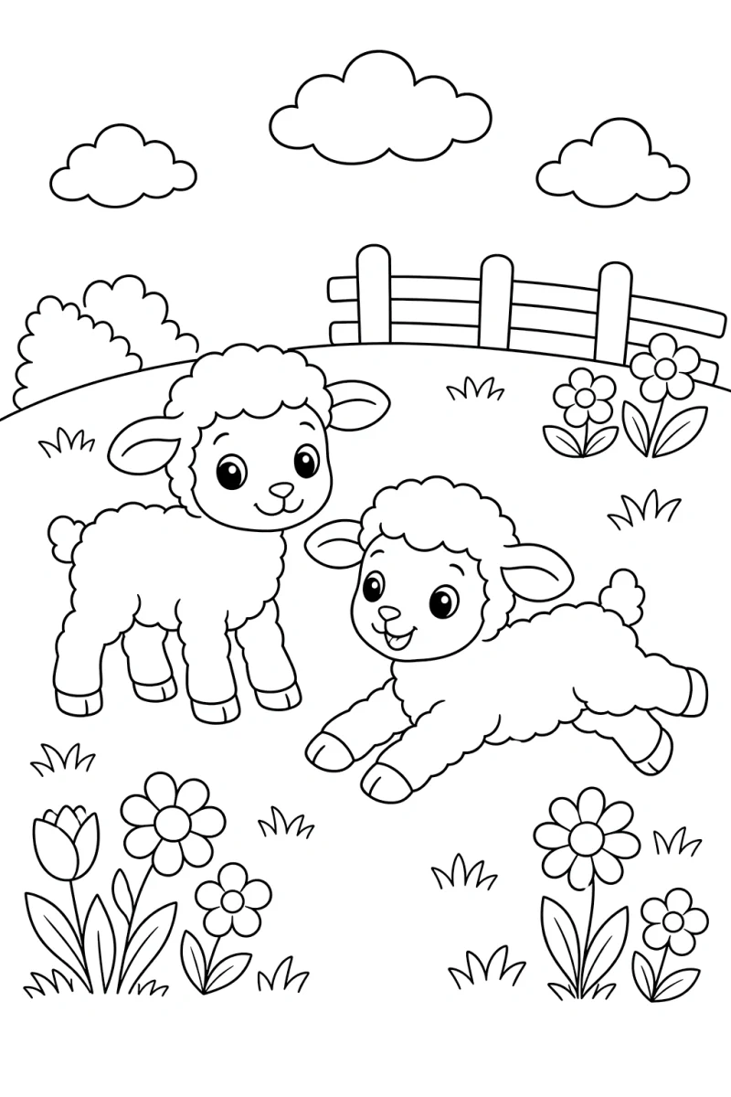 Página para colorear de corderos en pradera primaveral para niños - escena de granja imprimible gratis