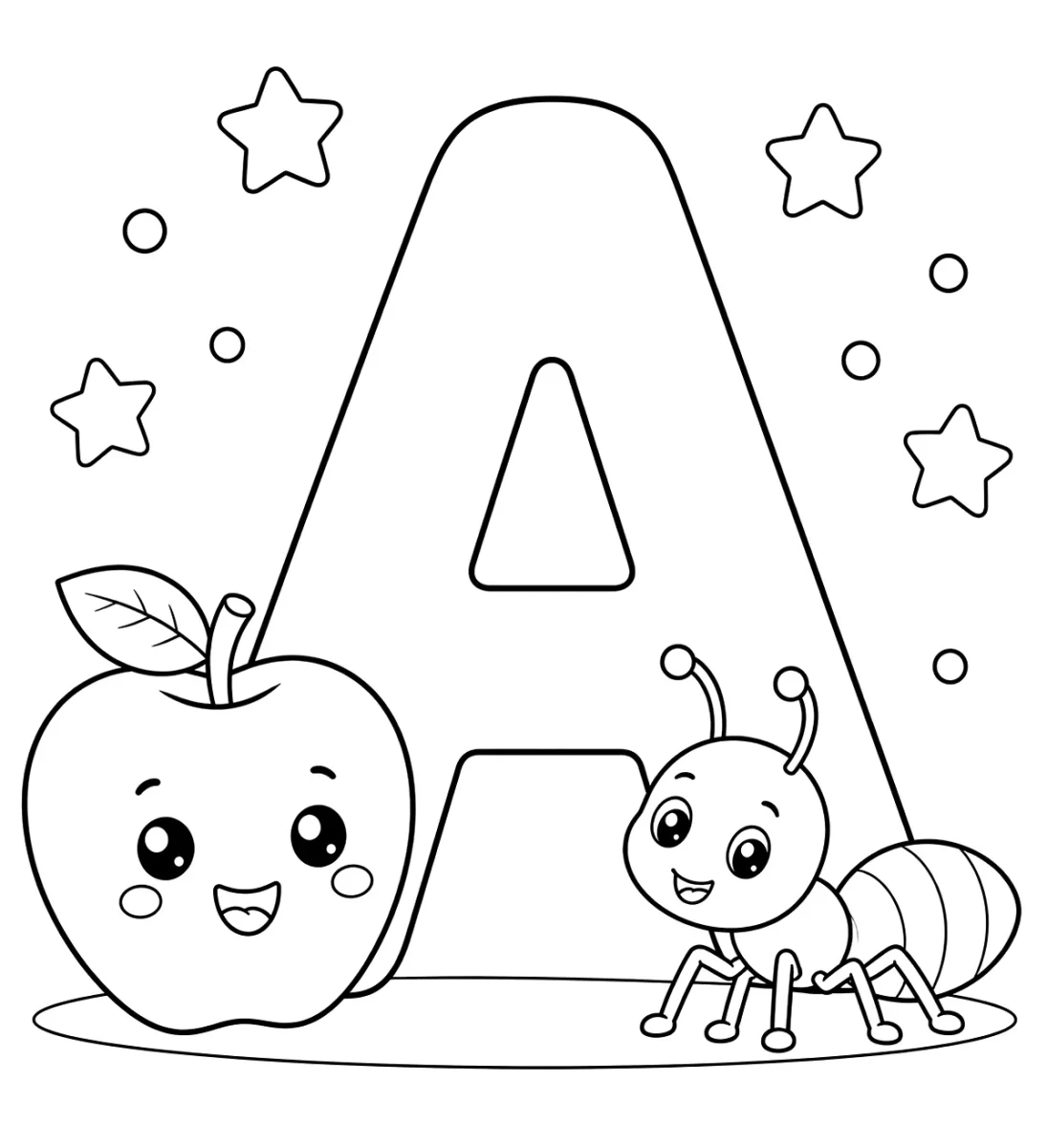 Cute letter A coloring page with apple and ant for kids
