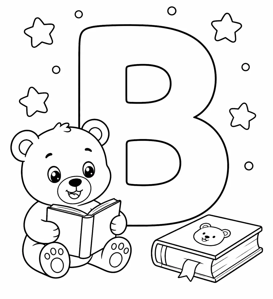 Cute letter B coloring page with bear and book for kids
