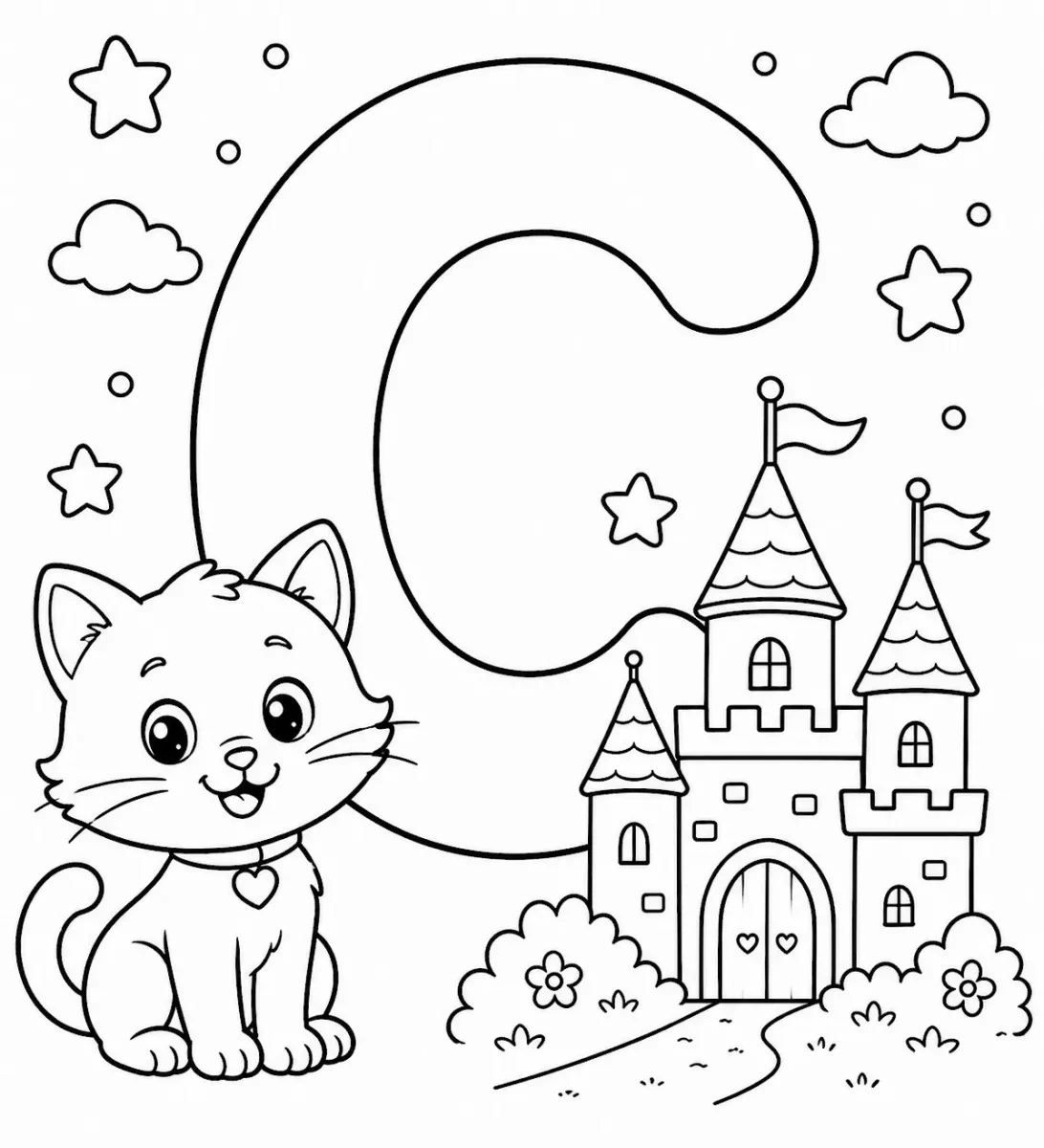 Cute letter C coloring page with cat and castle for kids