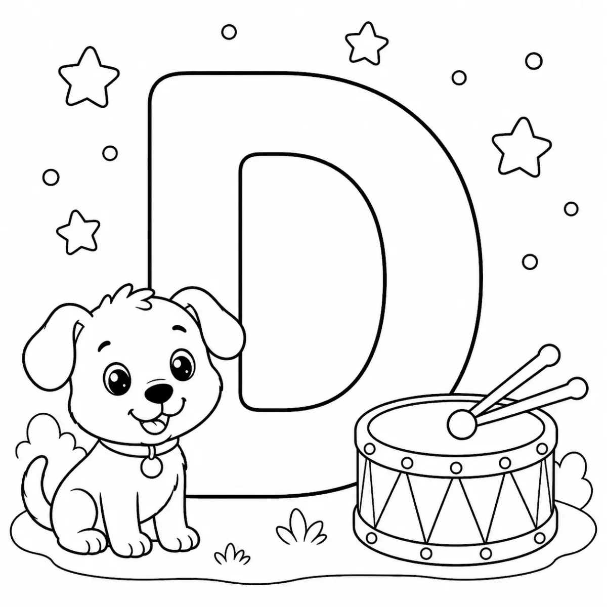 Cute letter D coloring page with dog and drum for kids