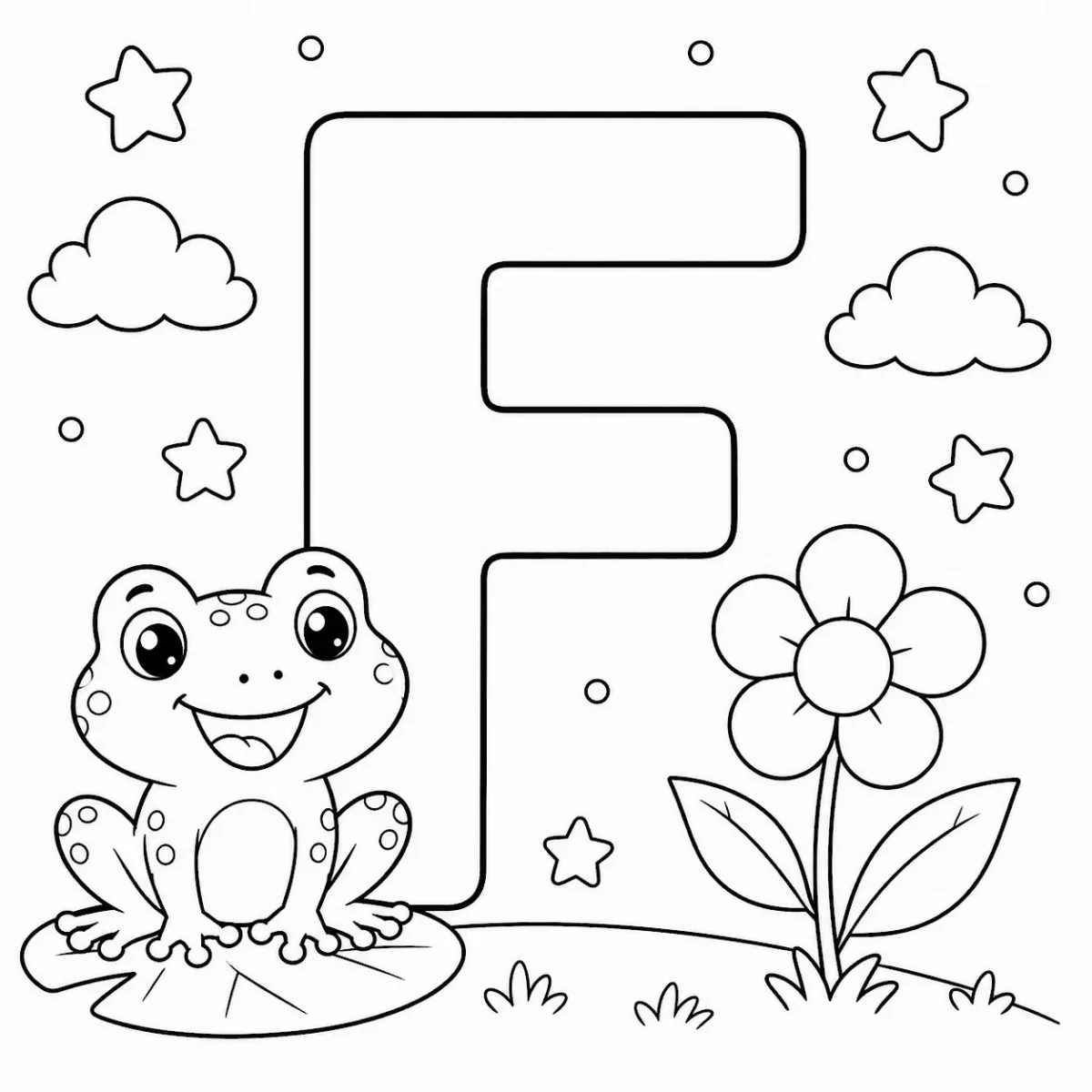 Cute letter F coloring page with frog and flower for kids