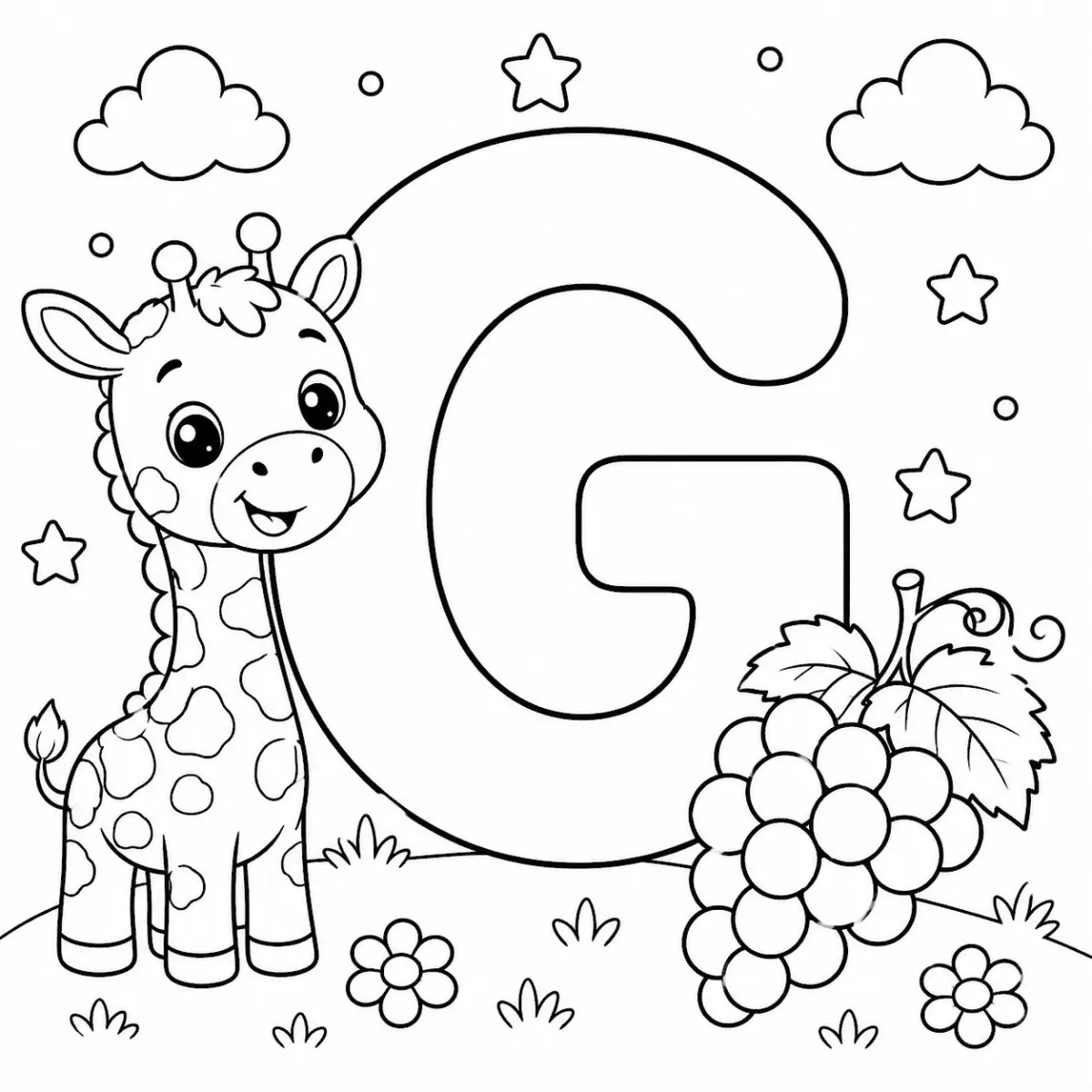 Cute letter G coloring page with giraffe and grapes for kids