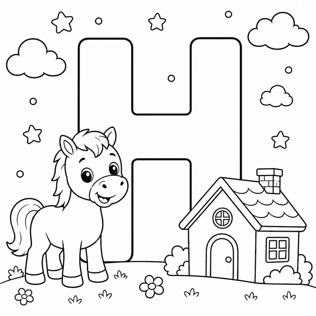 Cute letter H coloring page with horse and house for kids