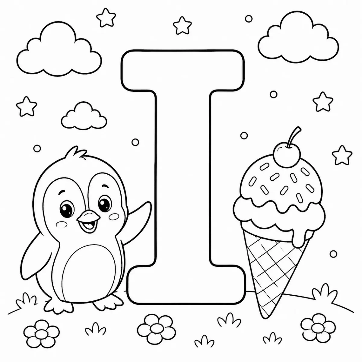 Cute letter I coloring page with ice cream for kids