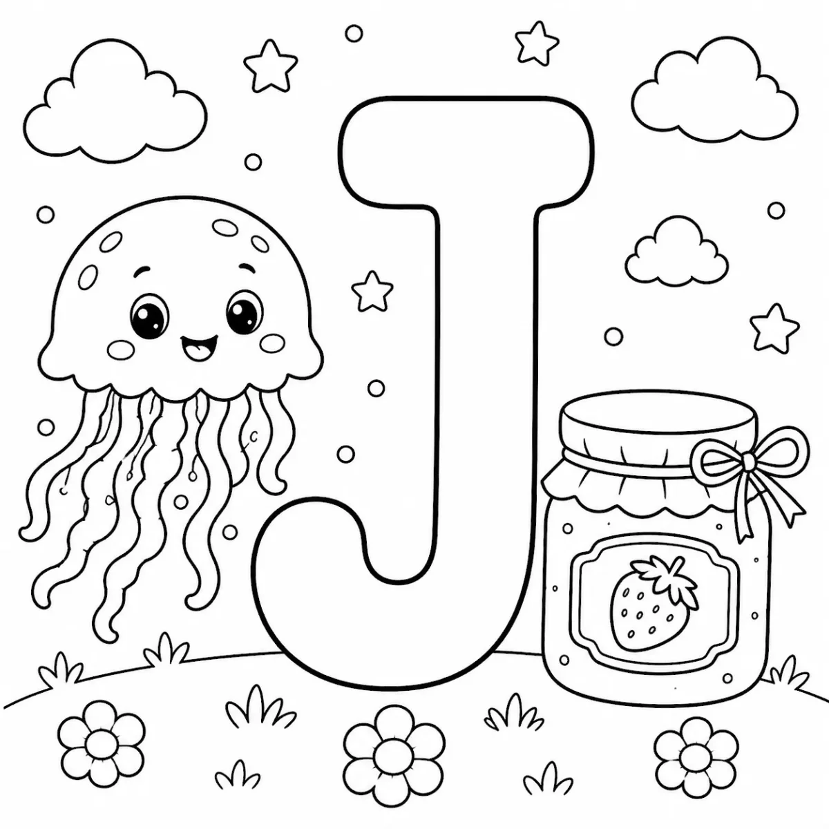 Cute letter J coloring page with jellyfish and jam for kids