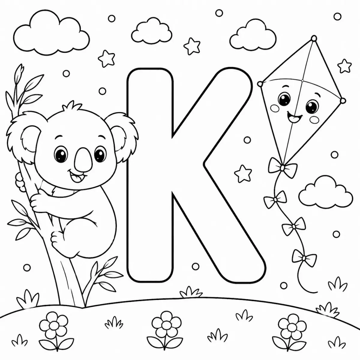 Cute letter K coloring page with koala and kite for kids