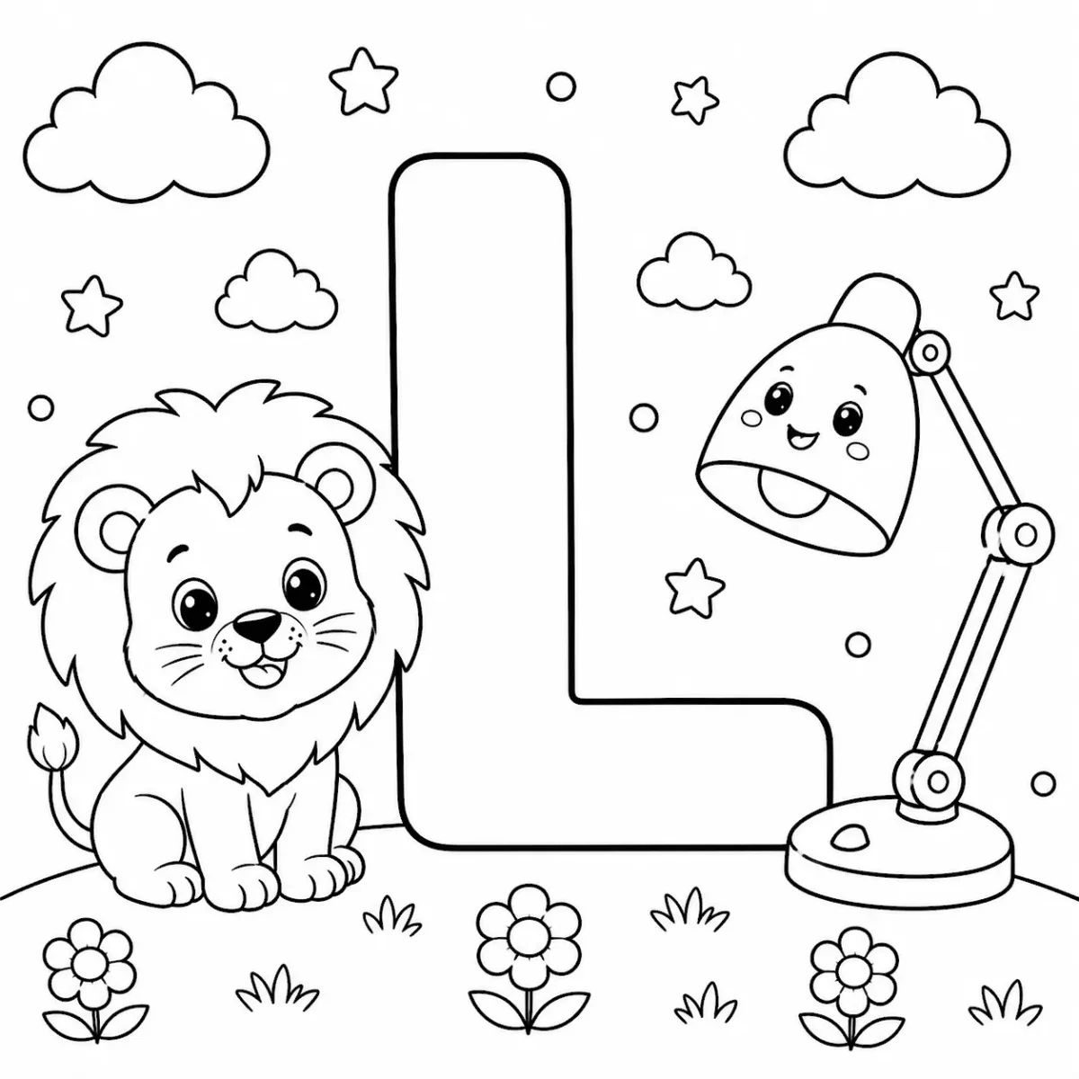 Cute letter L coloring page with lion and lamp for kids
