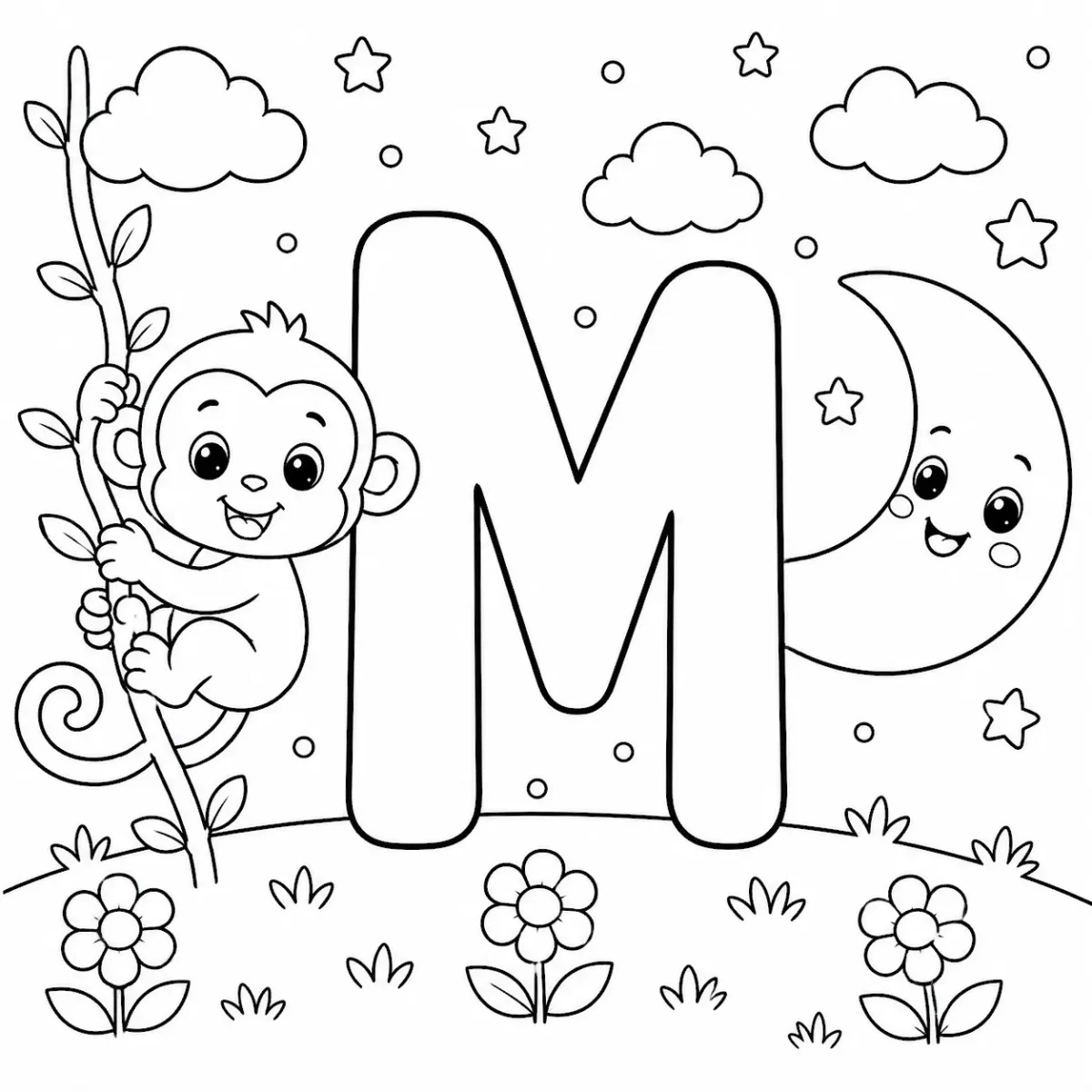Cute letter M coloring page with monkey and moon for kids
