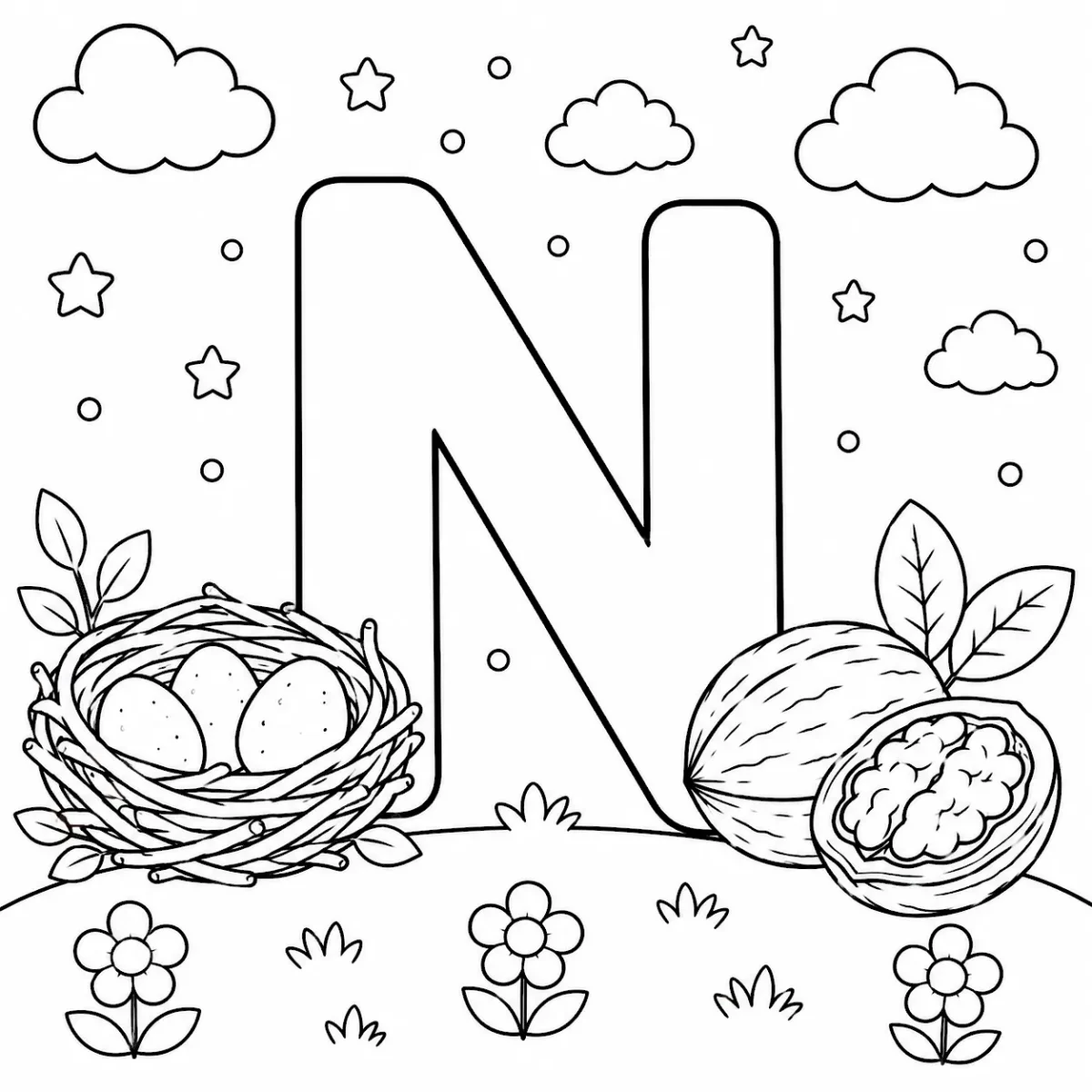 Cute letter N coloring page with nest and nut for kids