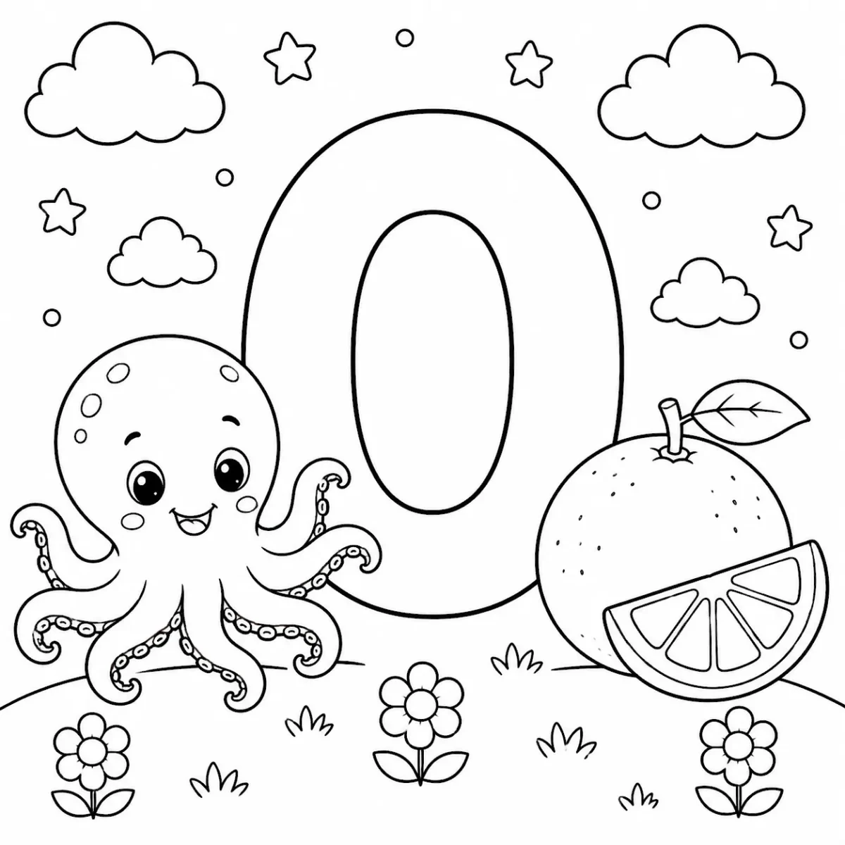 Cute letter O coloring page with octopus and orange for kids