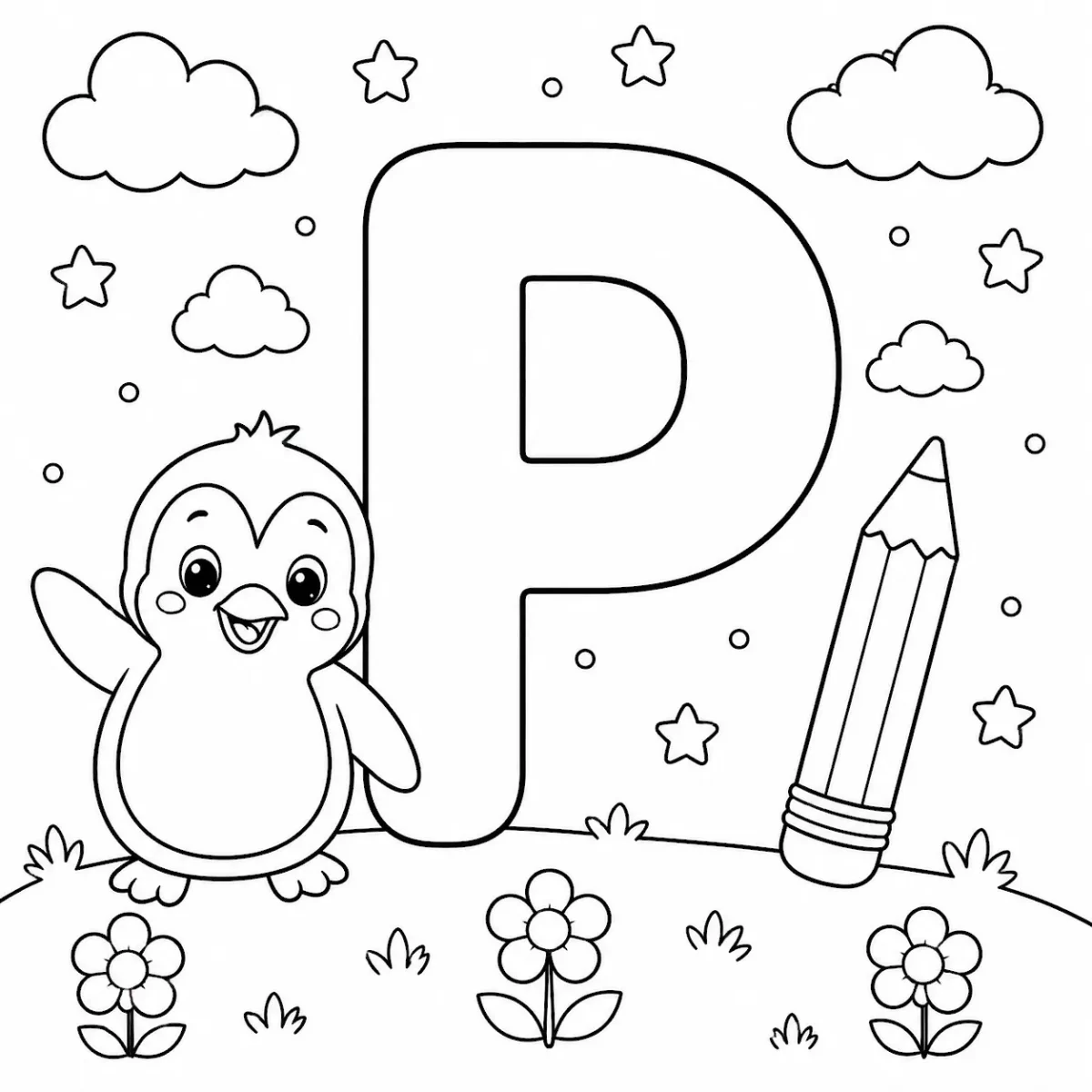 Cute letter P coloring page with penguin and pencil for kids