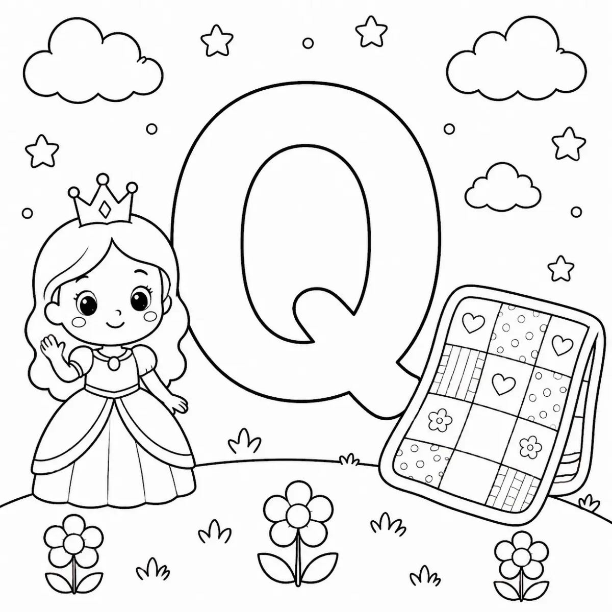 Cute letter Q coloring page with queen and quilt for kids