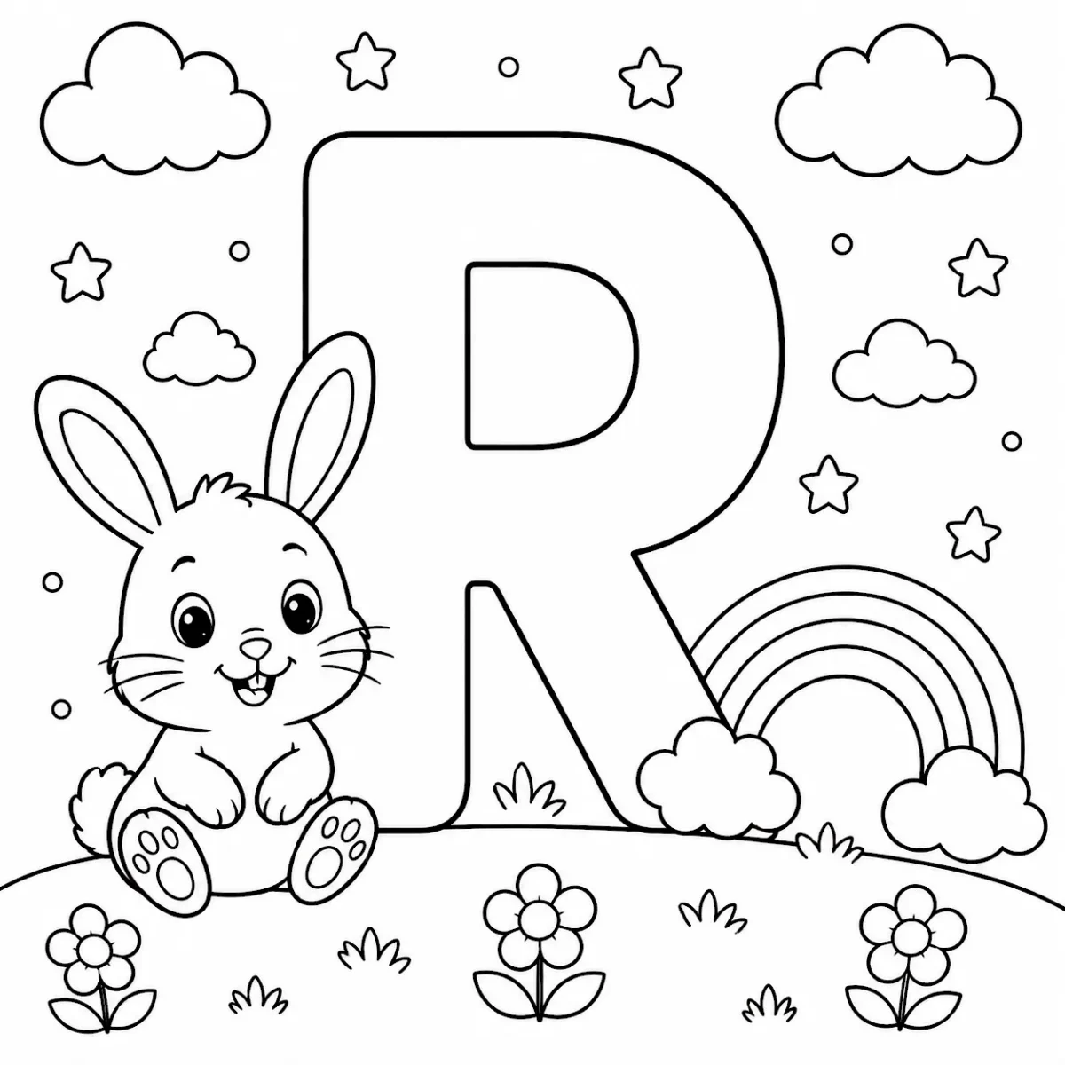 Cute letter R coloring page with rabbit and rainbow for kids