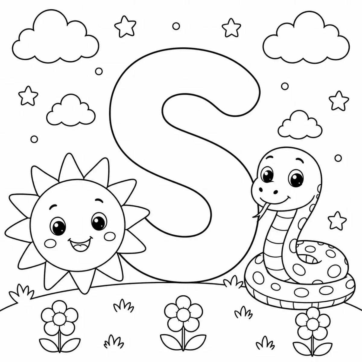 Cute letter S coloring page with sun and snake for kids