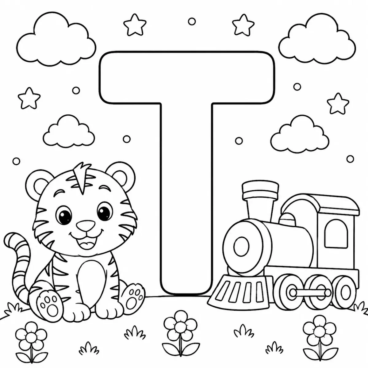 Cute letter T coloring page with tiger and train for kids