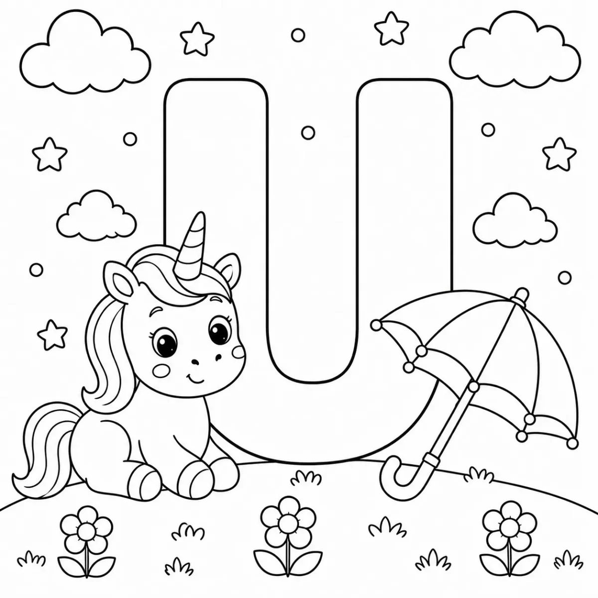Cute letter U coloring page with unicorn and umbrella for kids