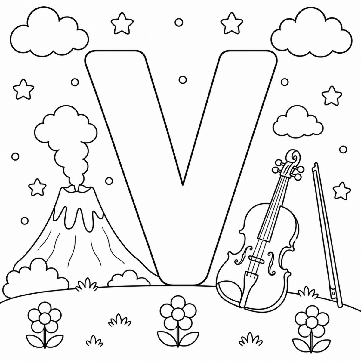 Letter V coloring page with volcano and violin for kids