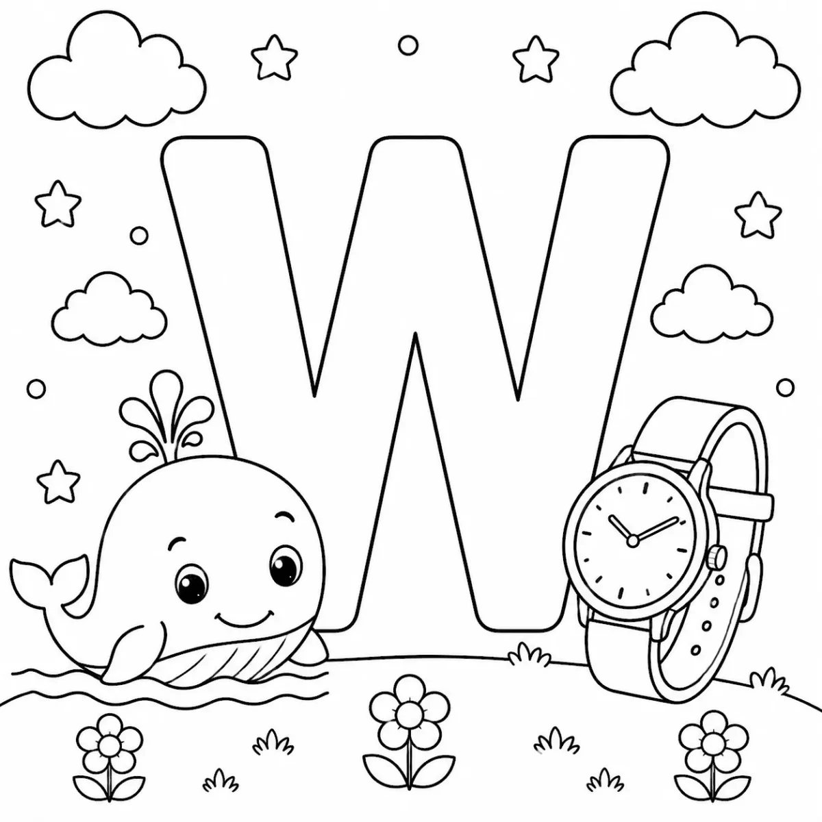 Cute letter W coloring page with whale and watch for kids