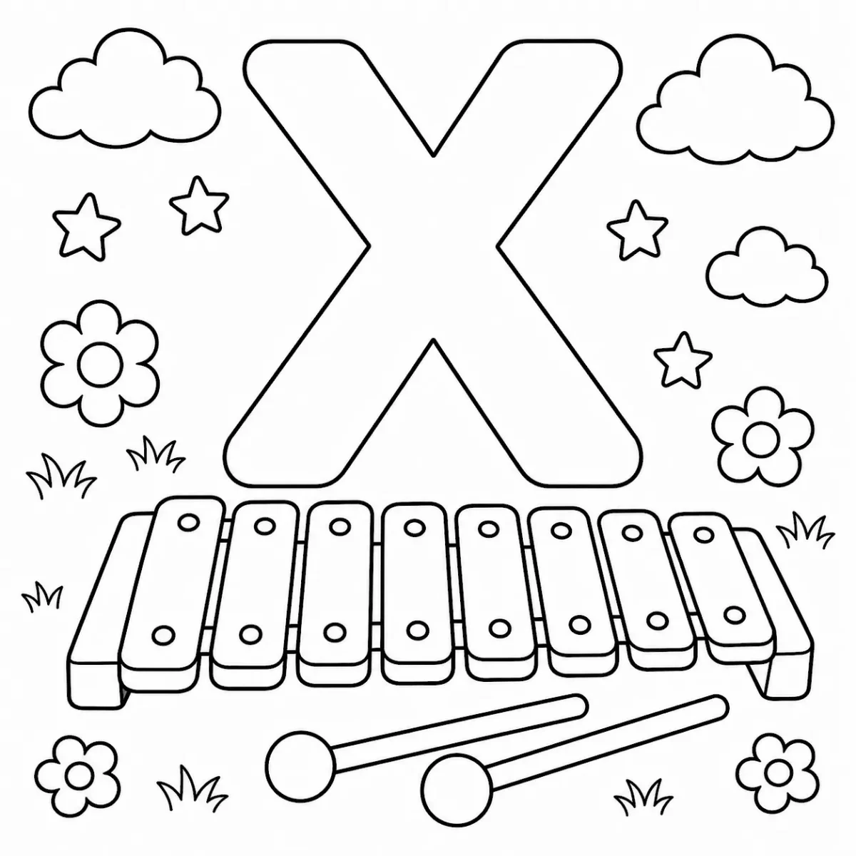 Cute letter X coloring page with xylophone for kids
