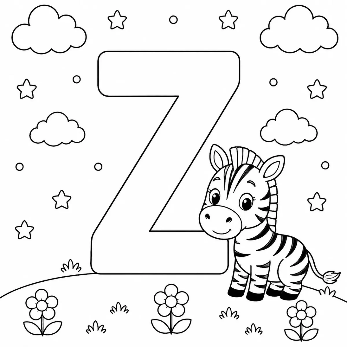 Cute letter Z coloring page with zebra for kids
