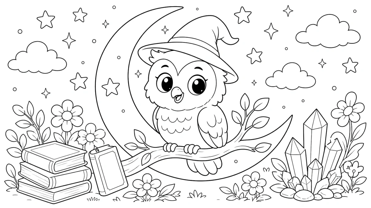 Magical Owl Coloring Page for Kids for kids