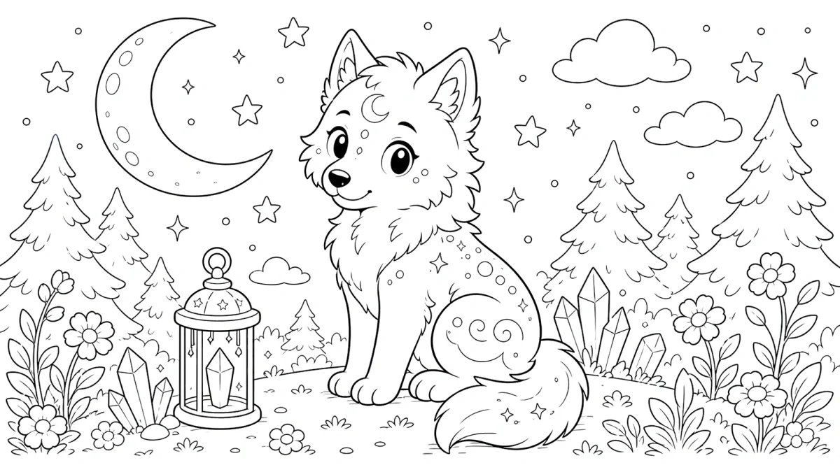 Moon Wolf Coloring Page for Kids for kids