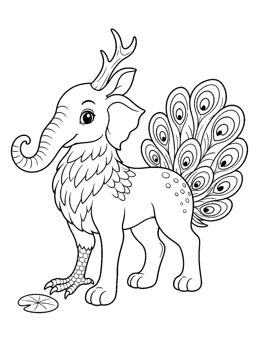 Navagunjara magical creature coloring page with peacock tail for kids